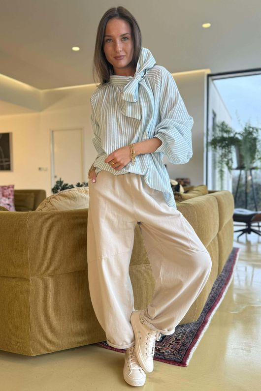 Nantucket Stripe Tie Neck Blouse Soft Sage /15=